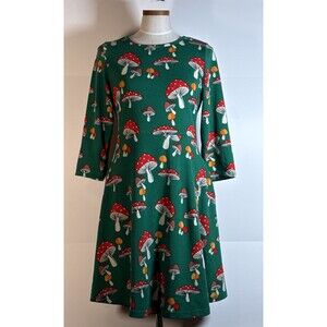 Boutique LA SOUL Green Mushroom Print Skater Dress Pockets Large Whimsy